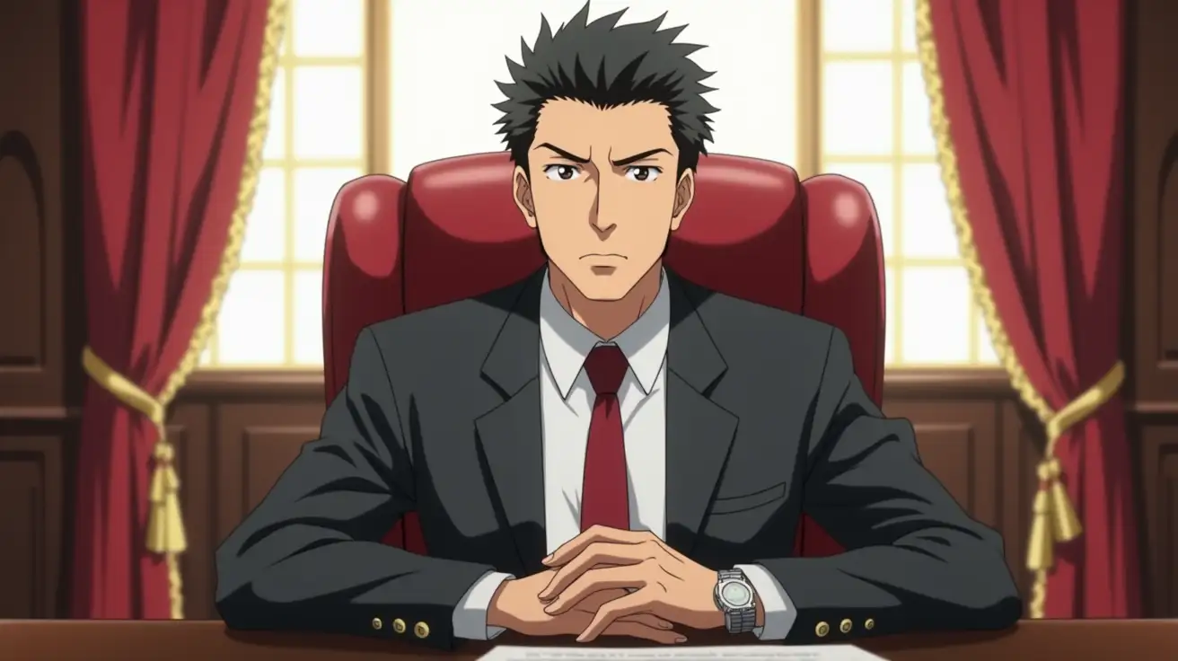 Anime-style image of a 30-year-old man, Fumio Kishida, a serious-looking Japanese politician, sitting in an elegant office. The man has short, spiky black hair and is wearing a formal dark gray or black suit, a white shirt, and a red tie. He is sitting in a plush red leather chair, with his hands resting on the desk in front of him. The background shows a brightly lit window and a large room with red curtains and sleek gold decorations, giving a formal and professional feel. The lighting is soft but accentuates the man's face, creating a sense of authority and concentration. The scene should capture the serious atmosphere of a high-stakes meeting or business negotiation.