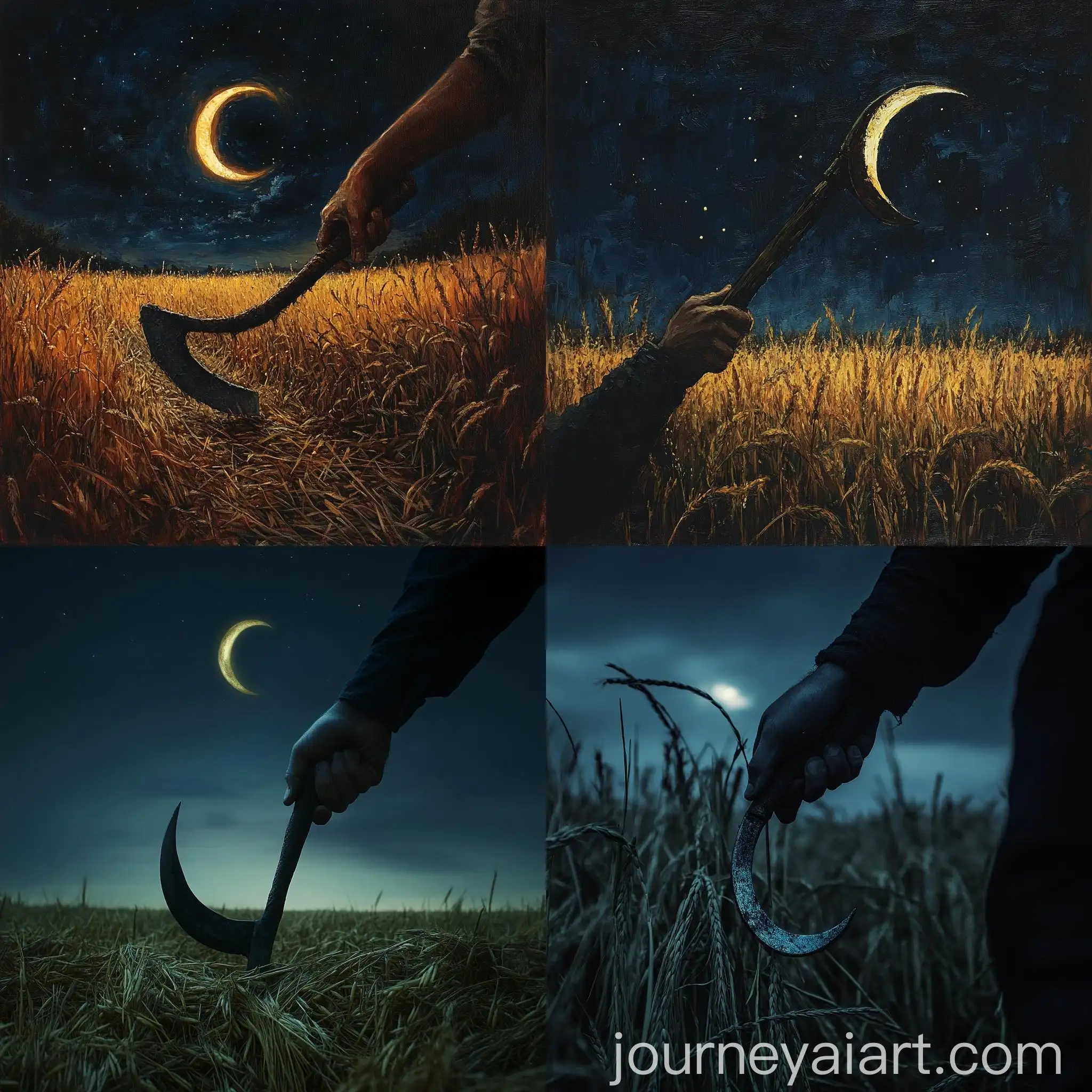 Harvest-Moon-Hand-Holding-Crescent-Sickle-in-Night-Harvest-Field