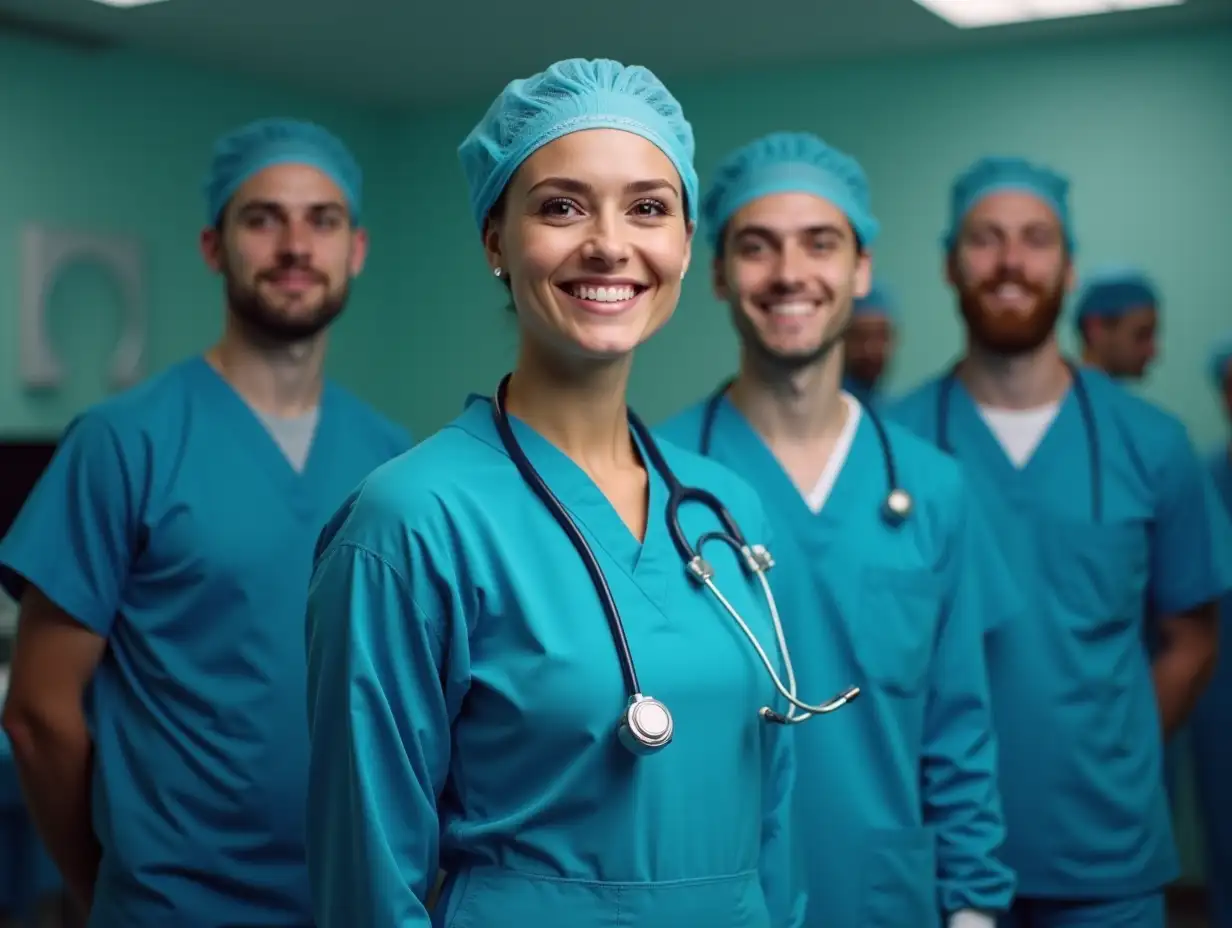 Composite image of smiling surgeon posing with a team