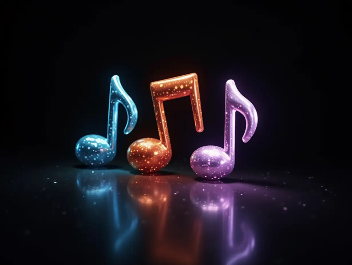 A bright, shiny, memorable, unusual icon that displays everything related to music and dancing on a black and white background with notes