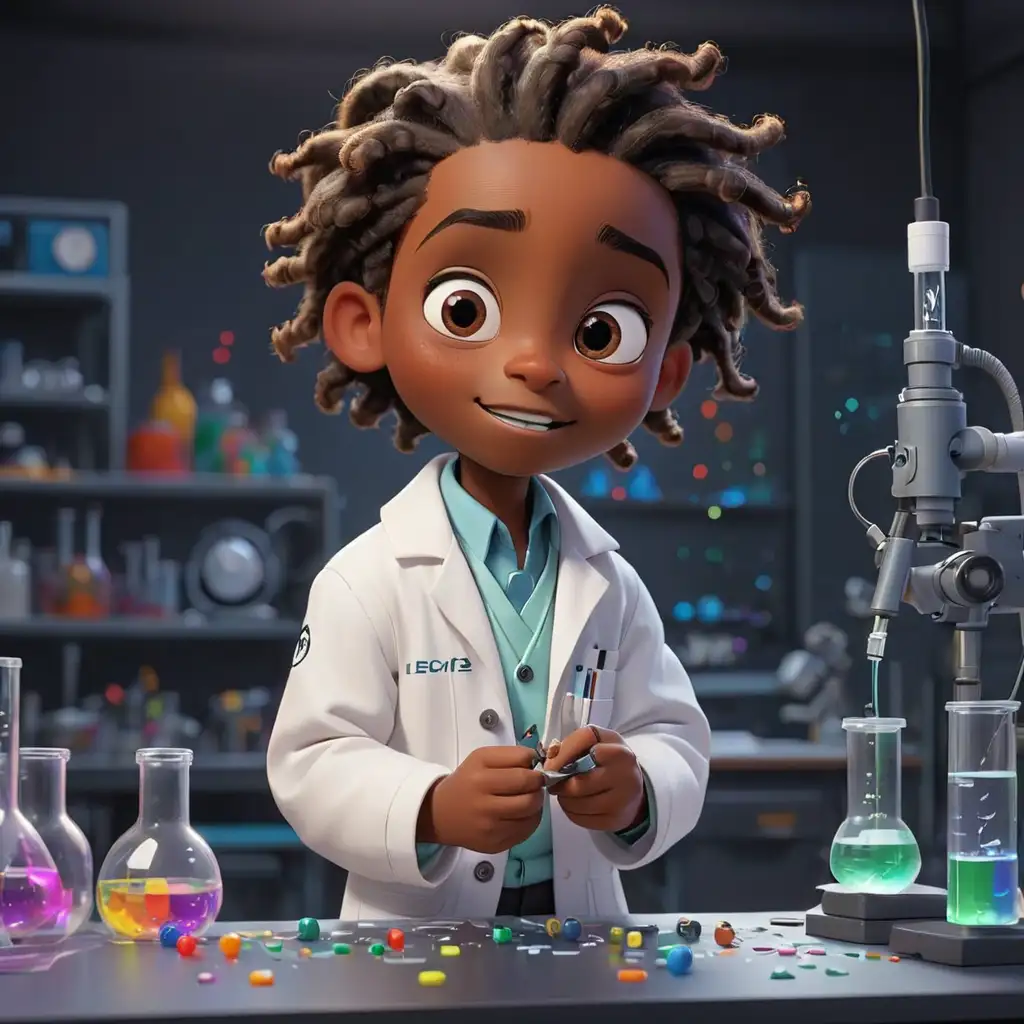 Pixar Style Cute Black Boy in Lab Conducting Physics Experiment