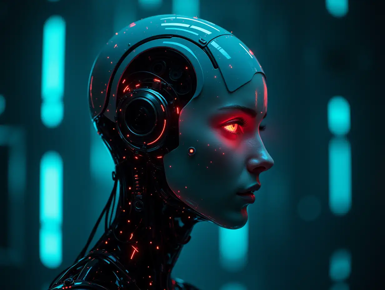 The Singularity between A.I. and humans in the future. Cyber punk atmosphere. With high contrast and realistic properties. The expansion of human intelligence with machines. creating the world of the future.