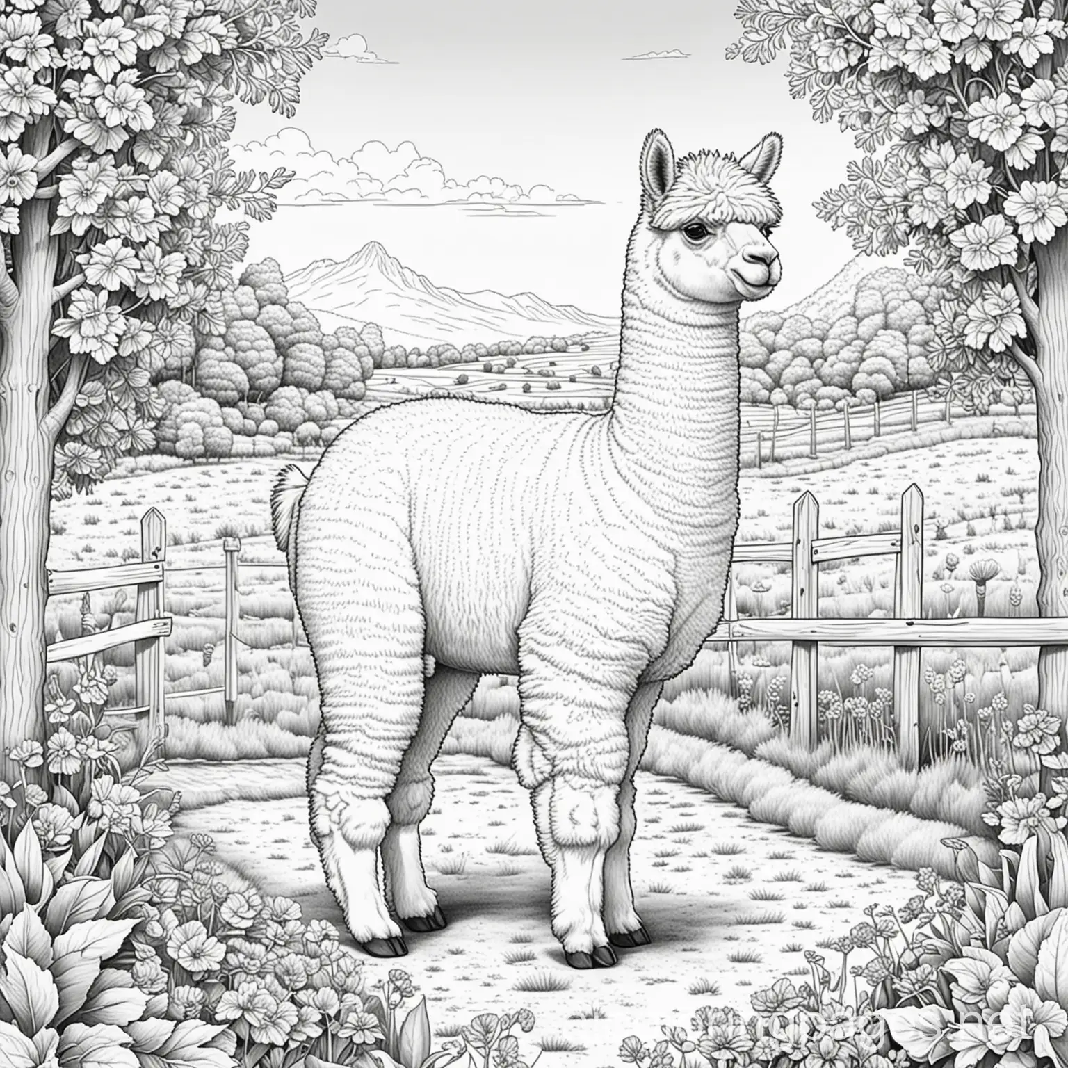 Alpaca farm, Coloring Page, black and white, line art, white background, Simplicity, Ample White Space. The background of the coloring page is plain white to make it easy for young children to color within the lines. The outlines of all the subjects are easy to distinguish, making it simple for kids to color without too much difficulty