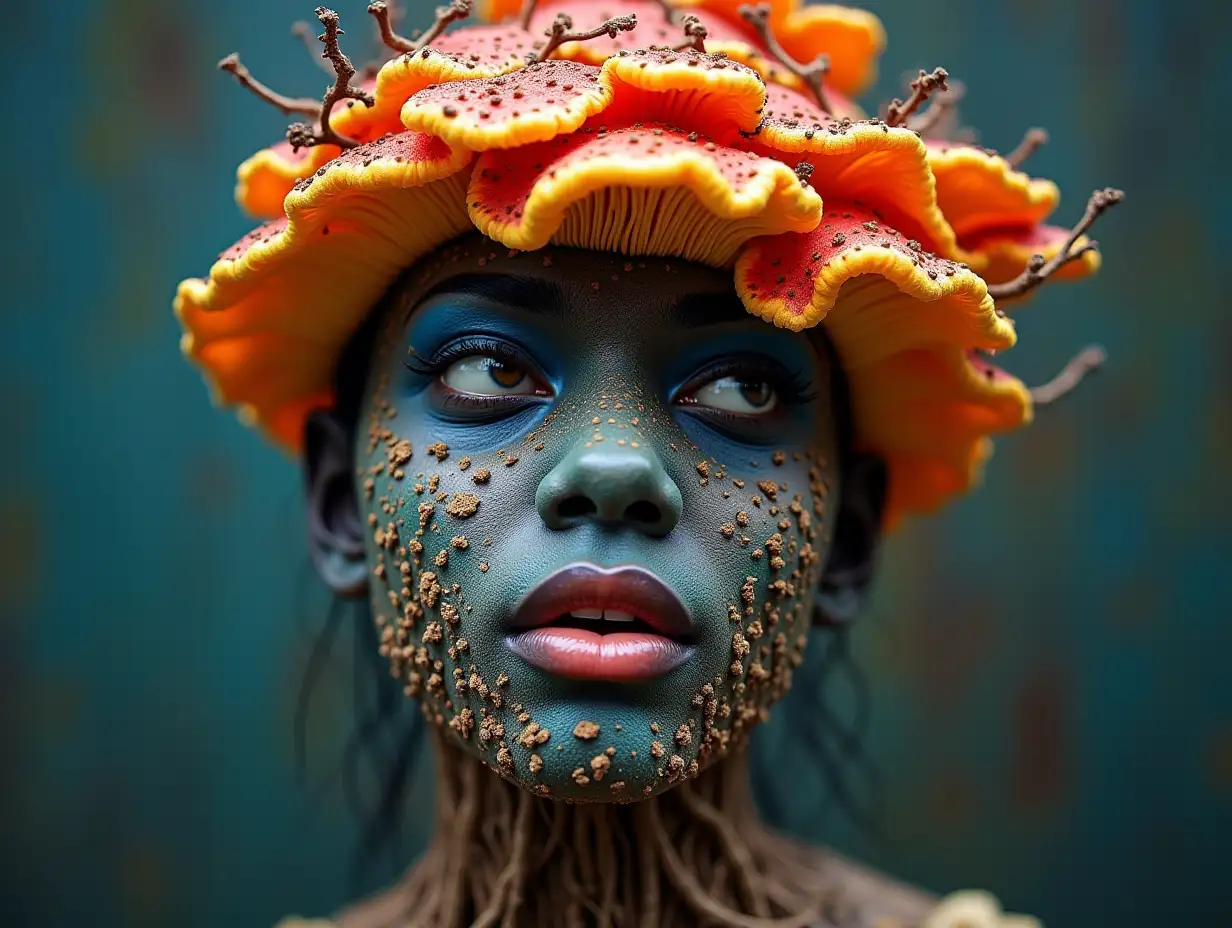 Face with colorful mushroom in mouth roots full body representation