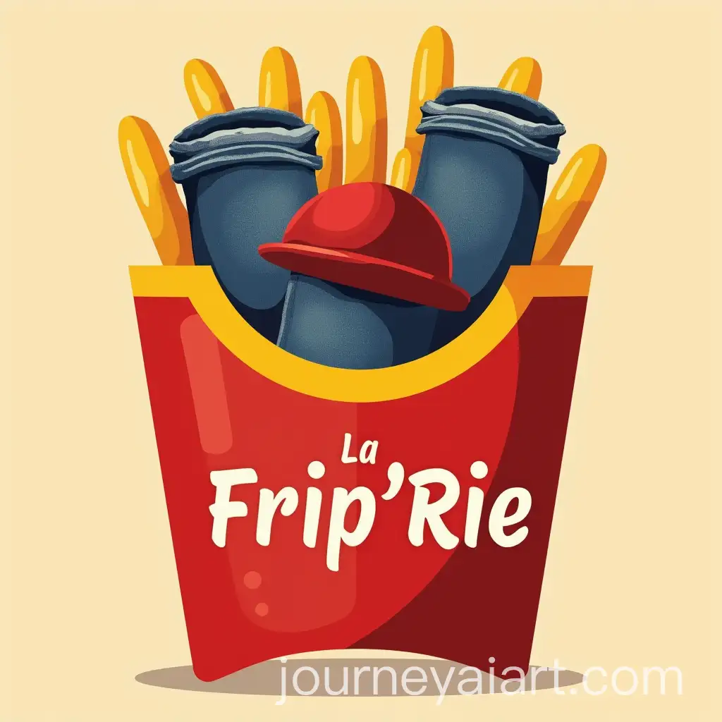 Logo-Design-with-Red-and-Yellow-Fry-Box-Featuring-Rolled-Clothes-and-Hats-as-Fries-for-La-FripRie
