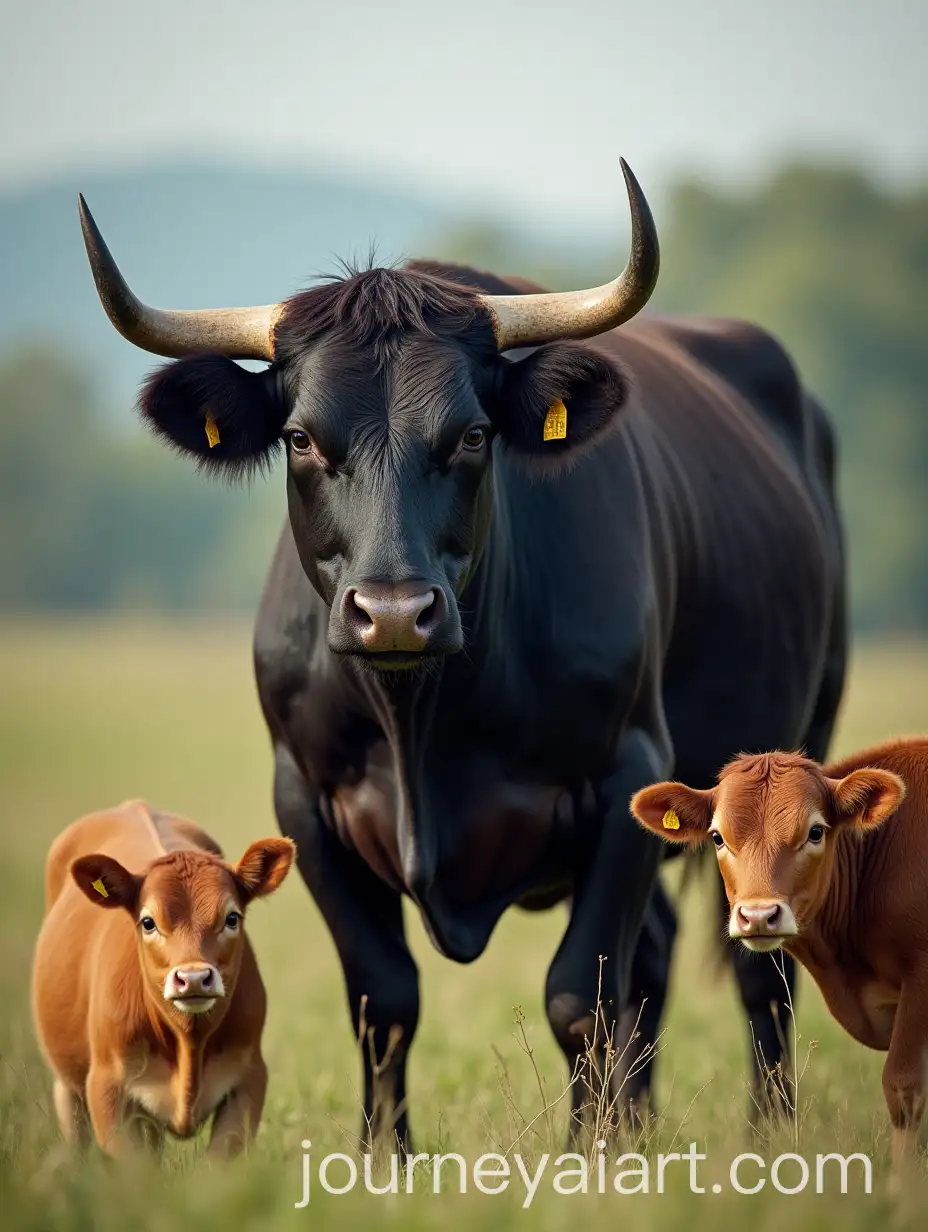 Big-Black-Bull-Watching-Over-Grazing-Calves-in-a-Pastoral-Landscape