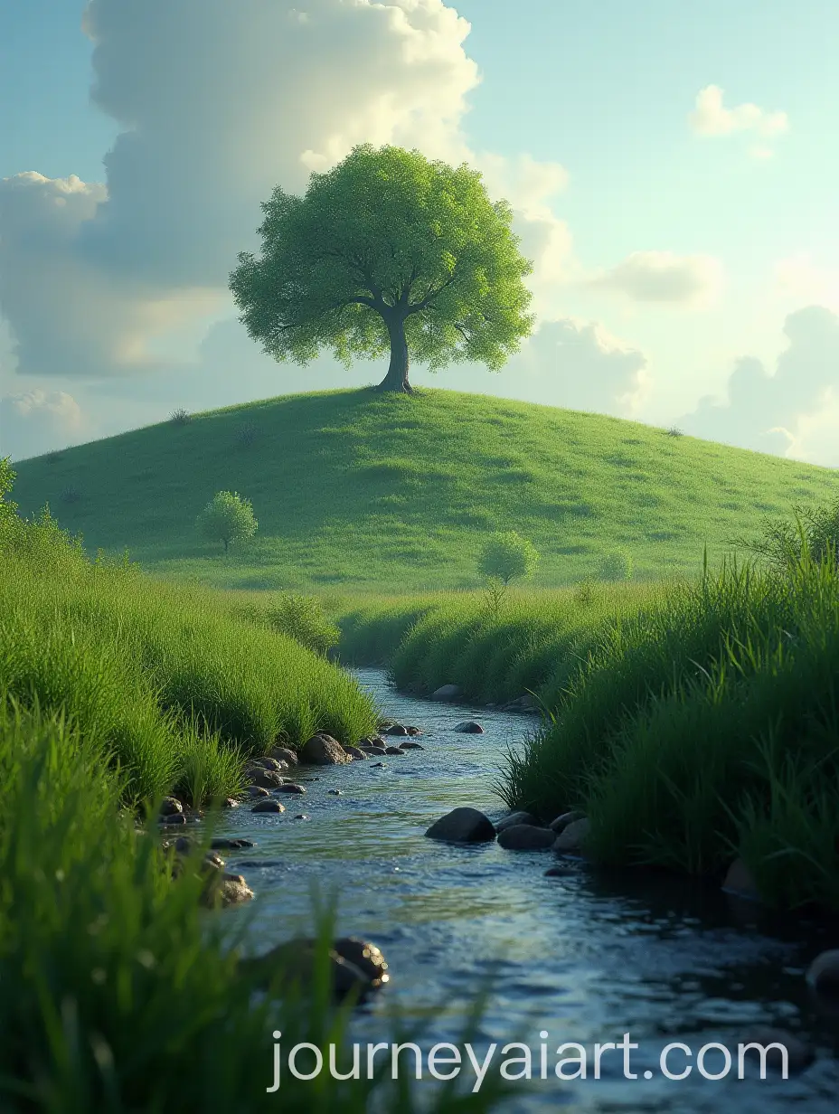 Serene-Hill-Landscape-with-Willow-Tree-and-Stream