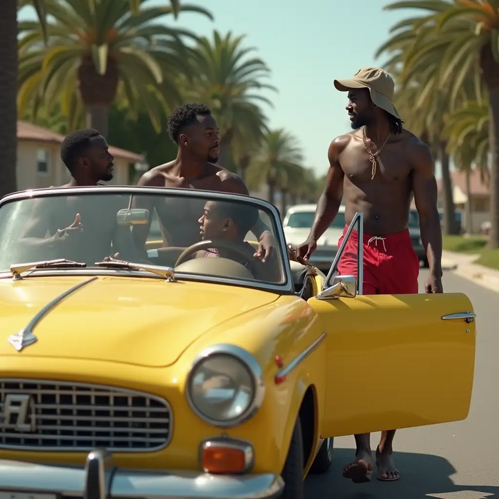 Shirtless-Black-Men-Driving-Yellow-Car-Talking-toAI-Art-Prompt-Expansion-Woman-in-Red-Shorts-in-Neighborhood