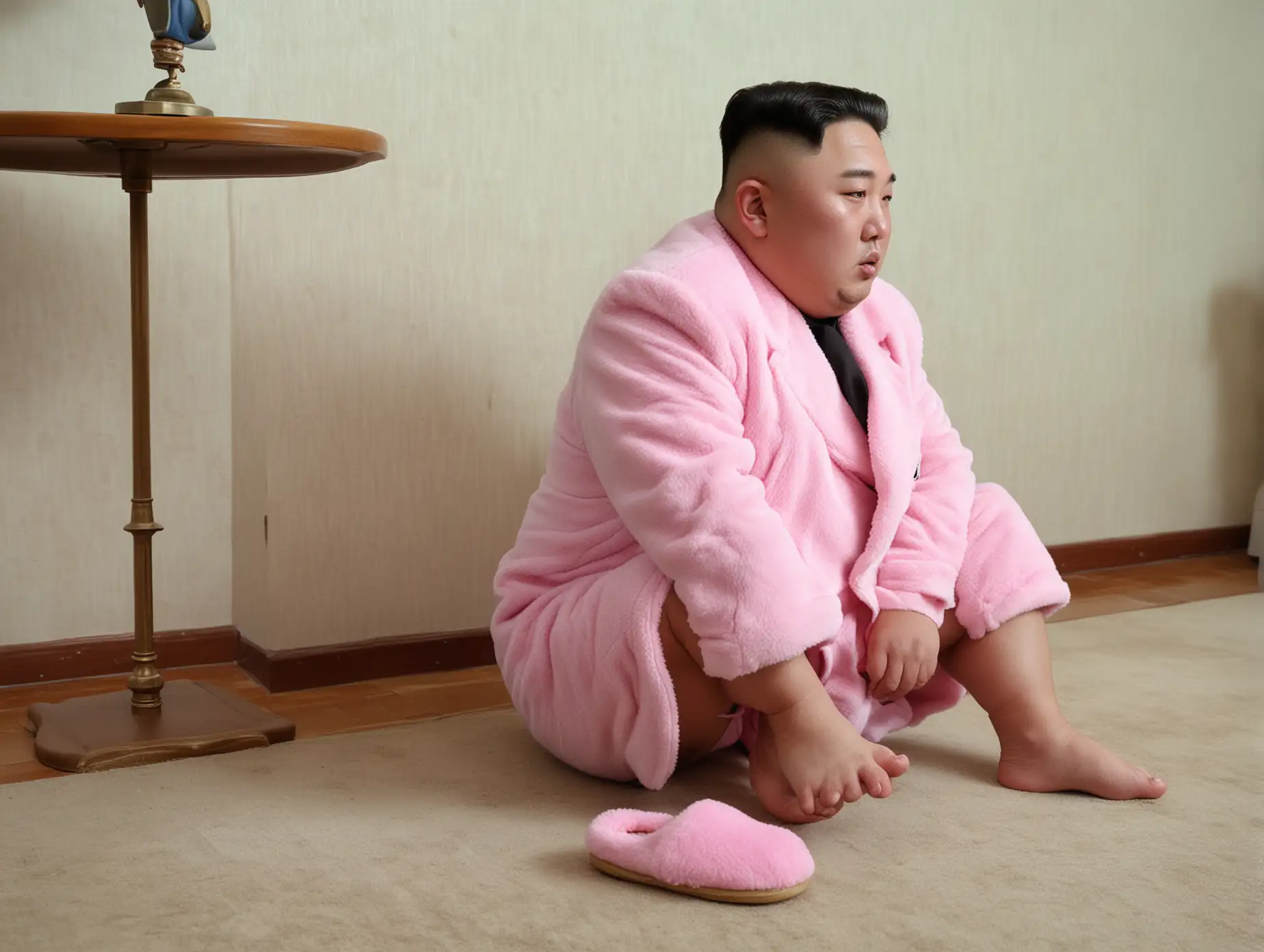 Kim-Jong-Un-Sitting-in-Pink-Fluffy-Slippers-Full-Body-Profile-Shot