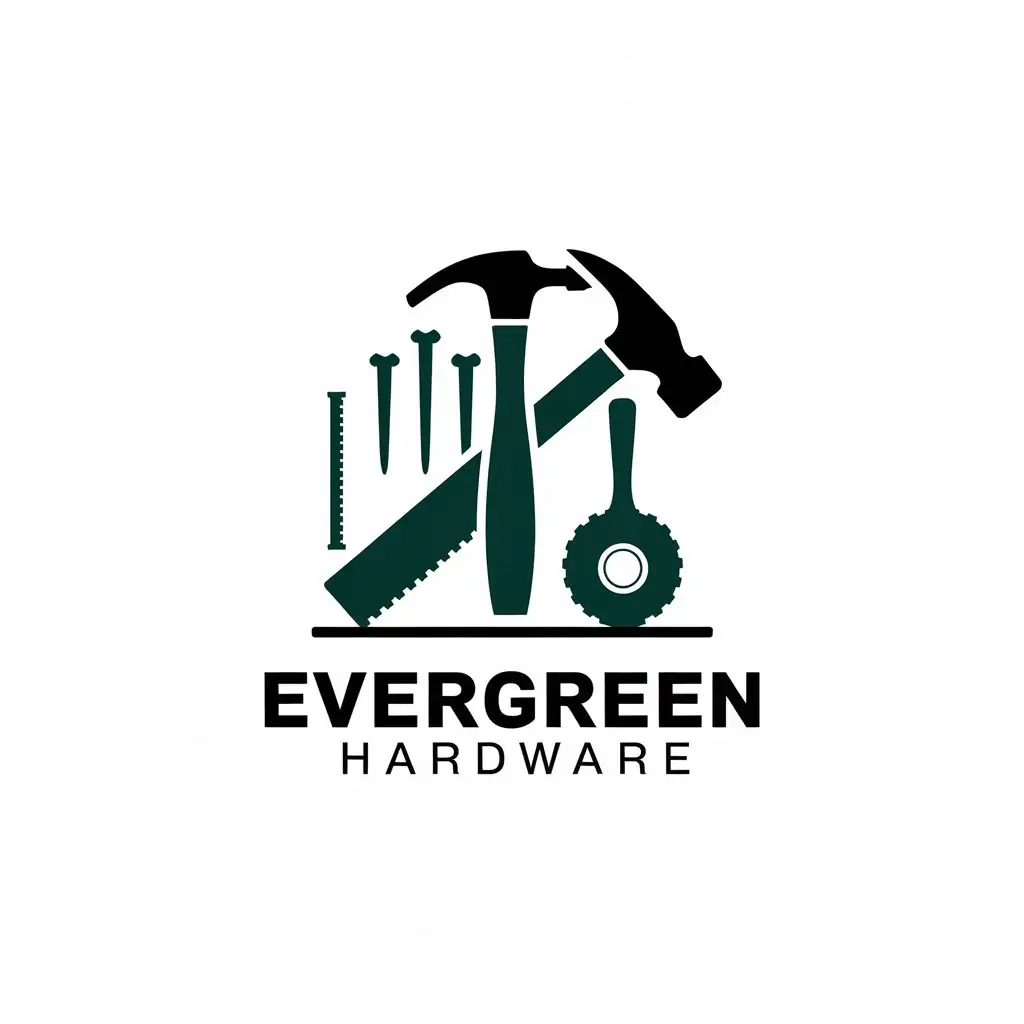 a vector logo design,with the text "Evergreen Hardware", main symbol:hammer nails hammer head sledgehammer saw,Minimalistic,clear background