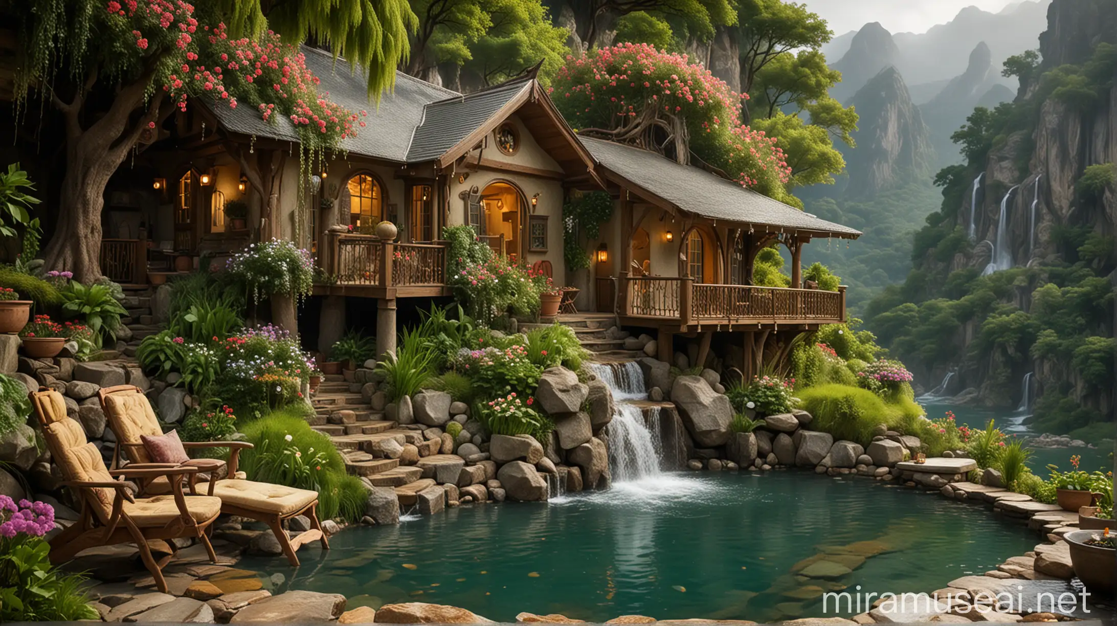 Mountain Waterfall Hut and Lake Scene in Monsoon Season