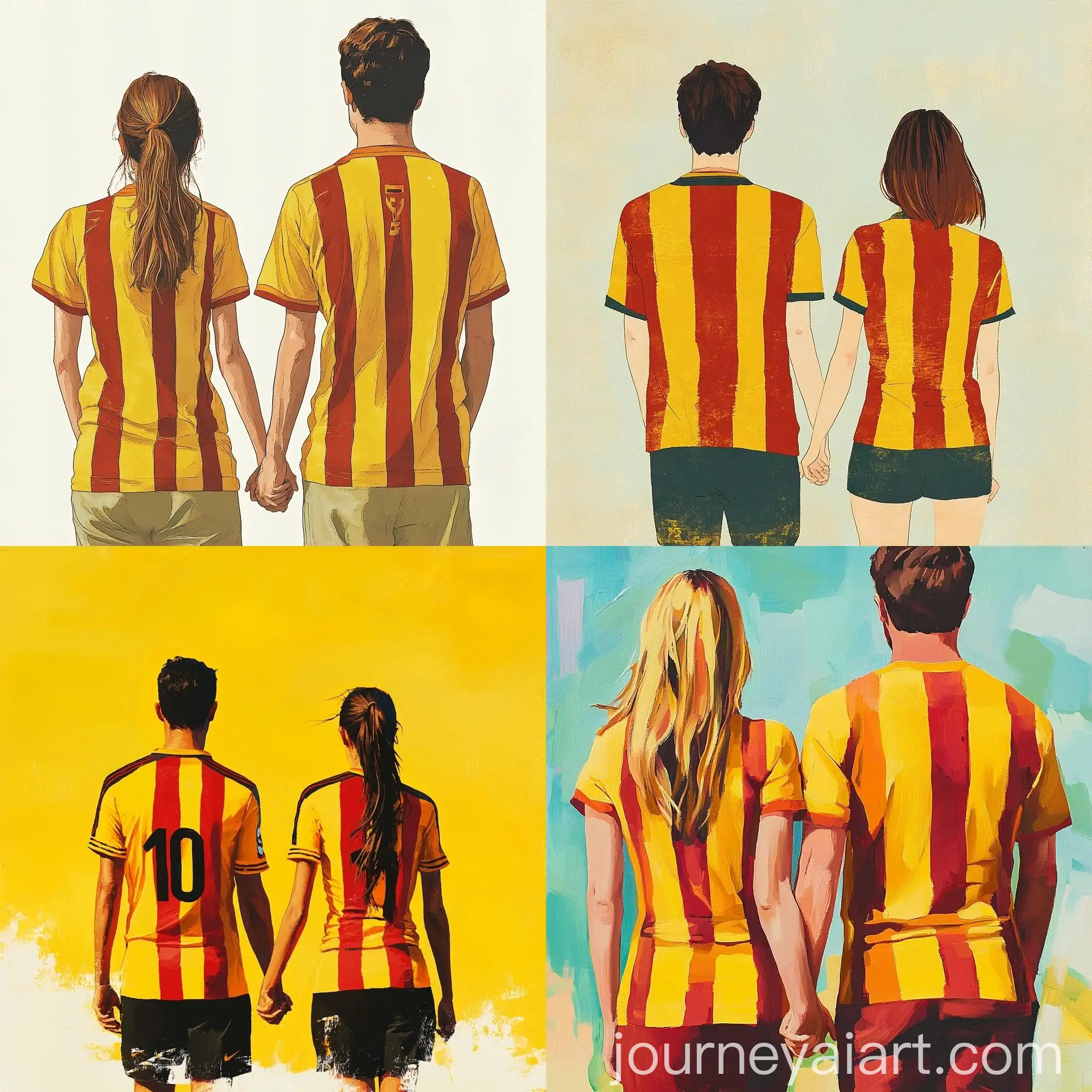 Couple-in-Yellow-and-Red-Striped-Soccer-Jerseys-Holding-Hands