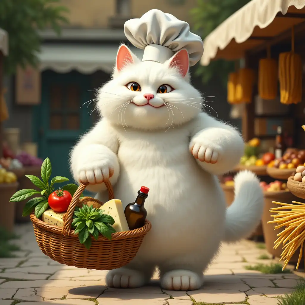 A very large, fluffy white anthropomorphic cat, with its comically oversized paws and a tilted white chef’s hat, is exploring a rustic outdoor market. It carries a wicker basket in its left paw, already filled with fresh groceries: a bundle of basil, a block of parmesan cheese, a bottle of olive oil, and a few ripe, red tomatoes. The cat's right paw is reaching toward a stall displaying long bundles of dried pasta.