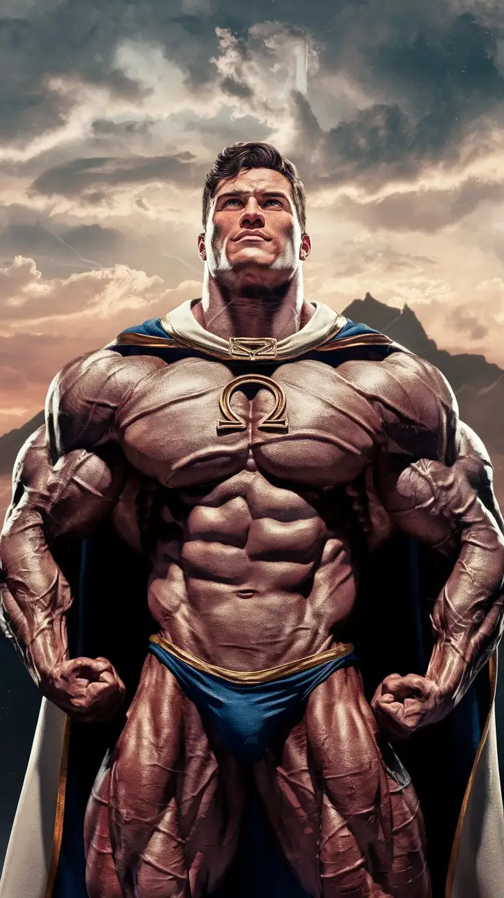Powerfully muscled, hugely ripped, pumped, bodybuilder musclegod reverently receives the powers of Olympus, becomes a mighty superhero. 24 years old. Photorealistic.