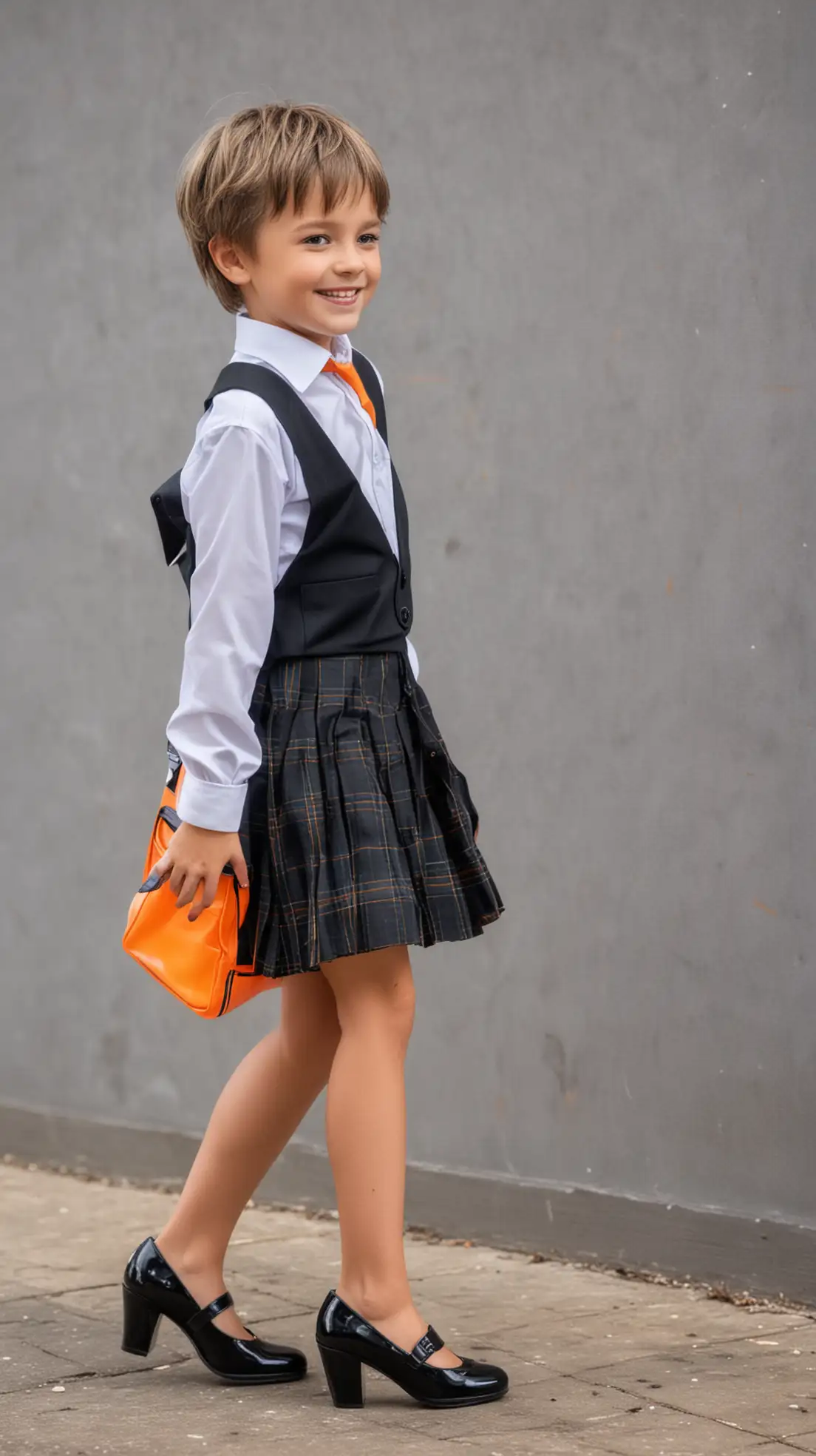 young little boy wear school uniform with a skirt and wearing a neon orange school bag and black high heels and walking to school and short hair and smiling