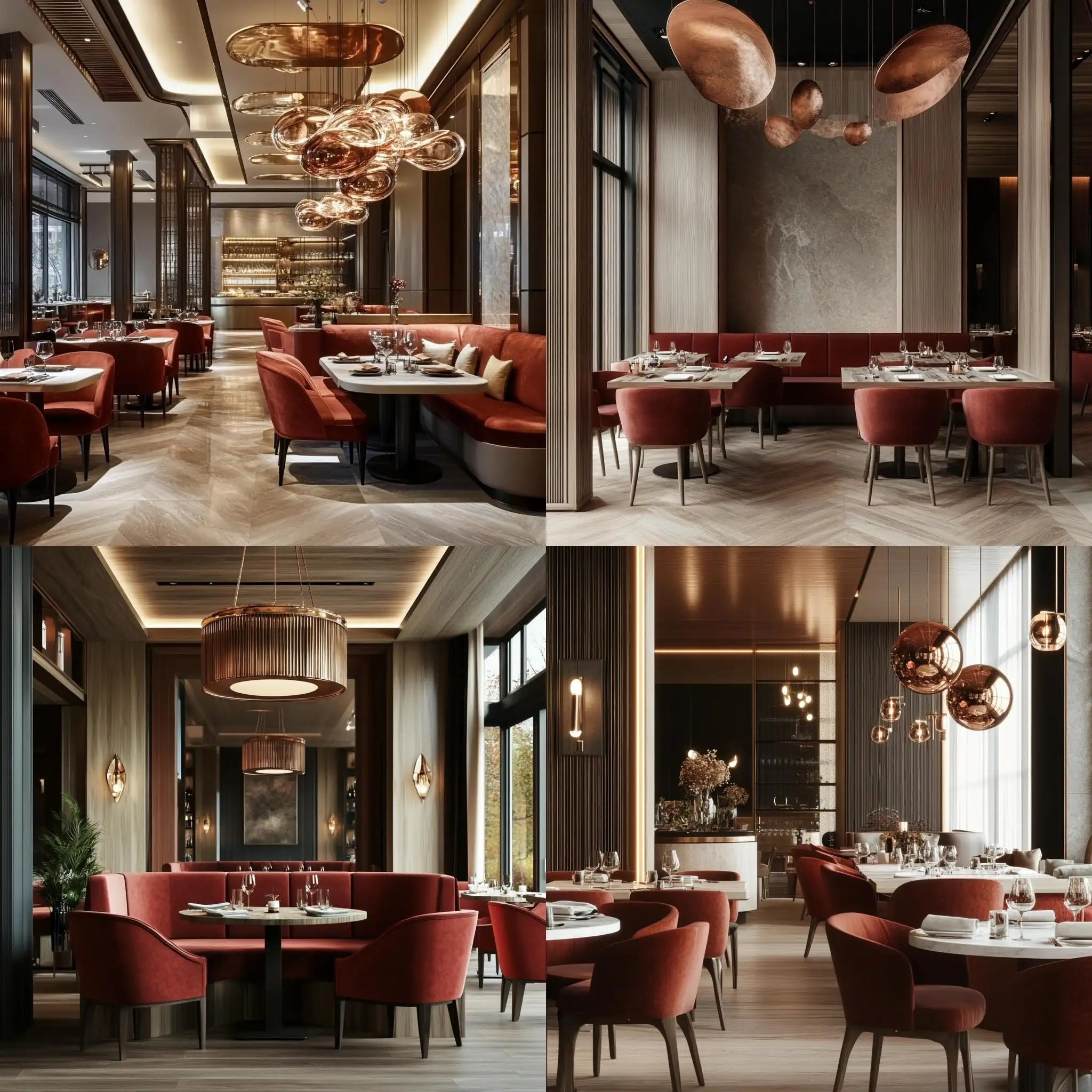 Luxury-Restaurant-Interior-with-Contemporary-Classic-Style-and-Matt-Copper-Chandelier