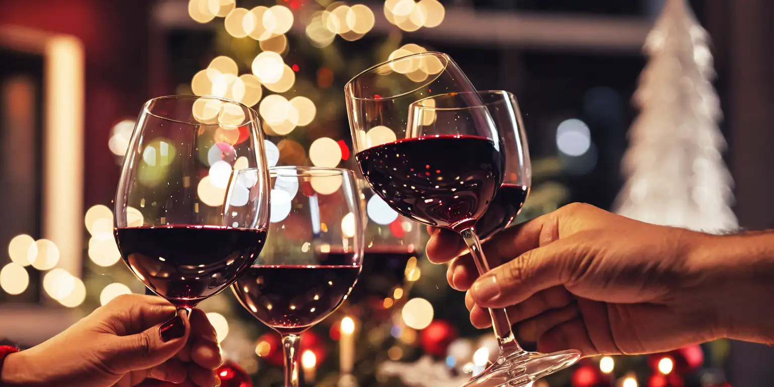 Cheers with Red Wine Against a Festive Christmas Background