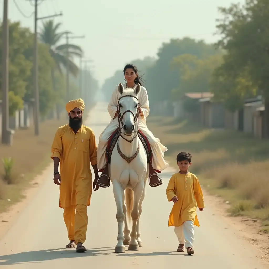 A 30-year-old woman riding a white horse. A man in a yellow Punjabi is walking beside her.  A 12-year-old boy wearing a white Punjabi is walking beside him.They are just passing through the village road.Hyperrealistic 3d.realistic, 4K, clear face.realistic image. realistic face.