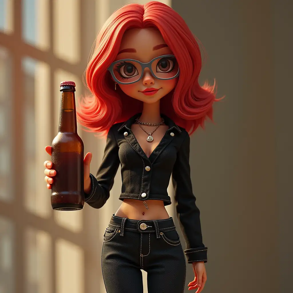 A doll in black jeans, top, transparent glasses, red hair a little below the shoulders, vapporesso Cross 2 pod, Garrett beer bottle with cherry