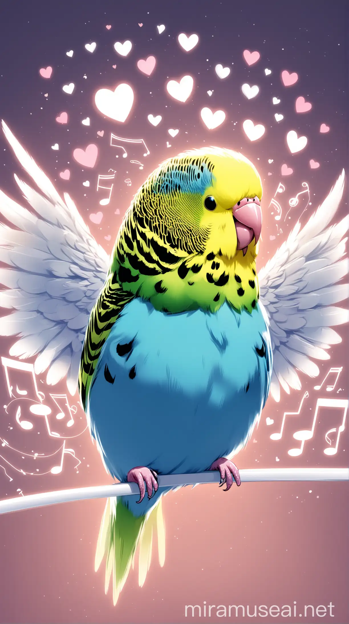 White Budgie Listening to Music with HeartShaped Notes