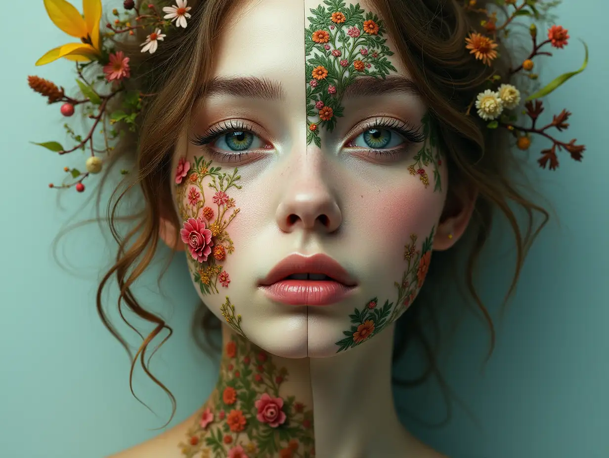 Surreal Split-Faced Woman Portrait with Nature Elements Art