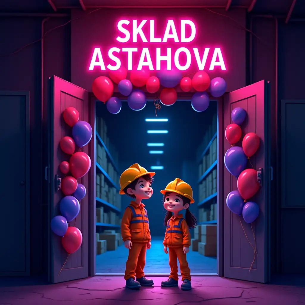 Entrance to the warehouse, view from the street, doors open, in the depth of the warehouse you can see the silhouettes of shelves, neon light from the door frame illuminates the dark street. The entrance is decorated with an arch of balloons in pink, purple, metallic blue colors. Above the entrance hangs a bright neon sign with the text 'SKLAD ASTAHOVA'. At the entrance there are a boy and a girl in bright yellow neon helmets and orange work clothes. They smile invitingly as if inviting us to enter. Animated style. Bright contrasting neon colors - pink, purple, blue