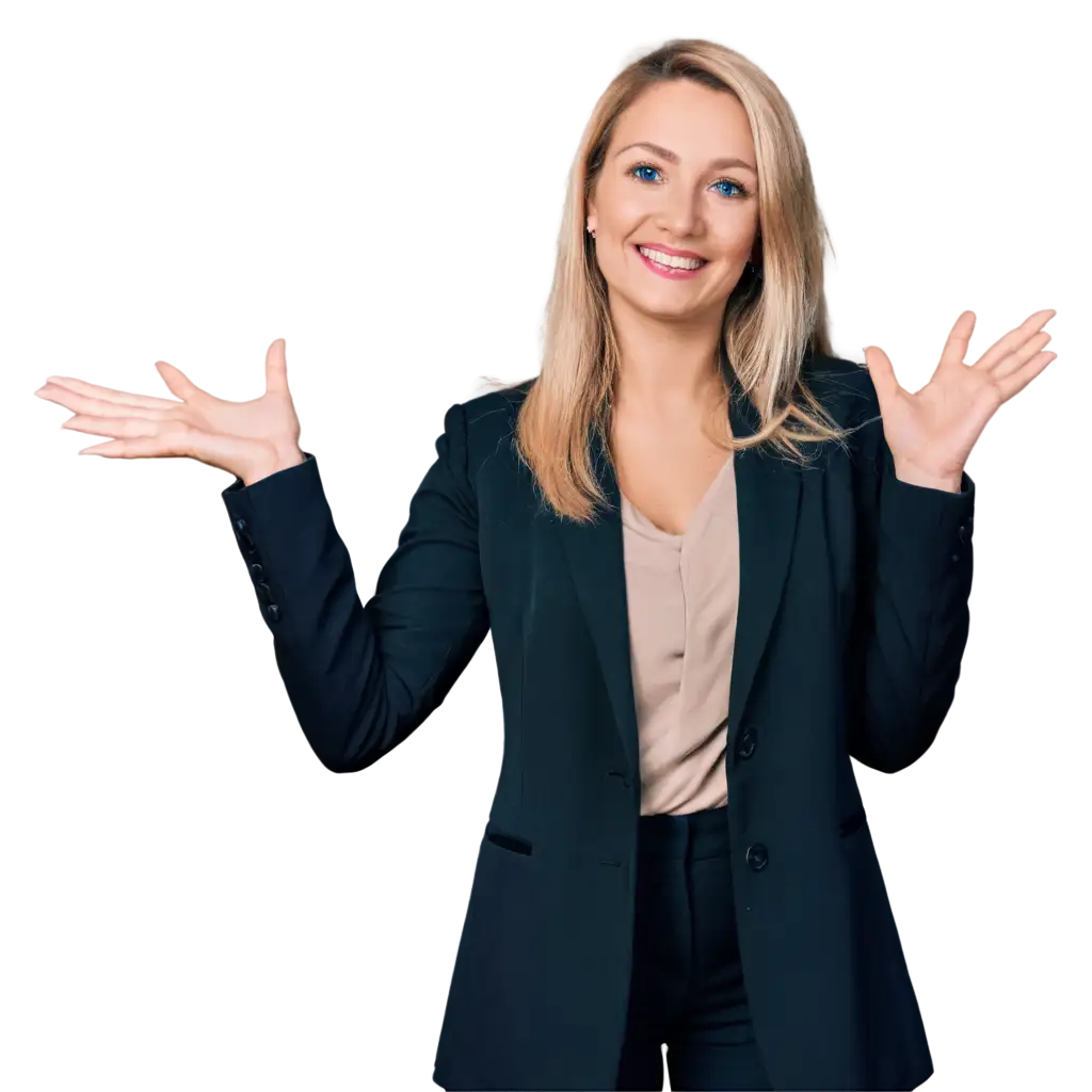 Blonde-Woman-in-Black-Suit-with-Raised-Hands-PNG-Image-Creative-AI-Art-Prompt