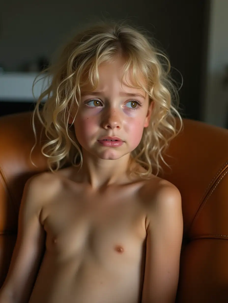 Emotional-Portrait-of-a-Girl-in-a-Tan-Leather-Chair-with-Wet-Eyes