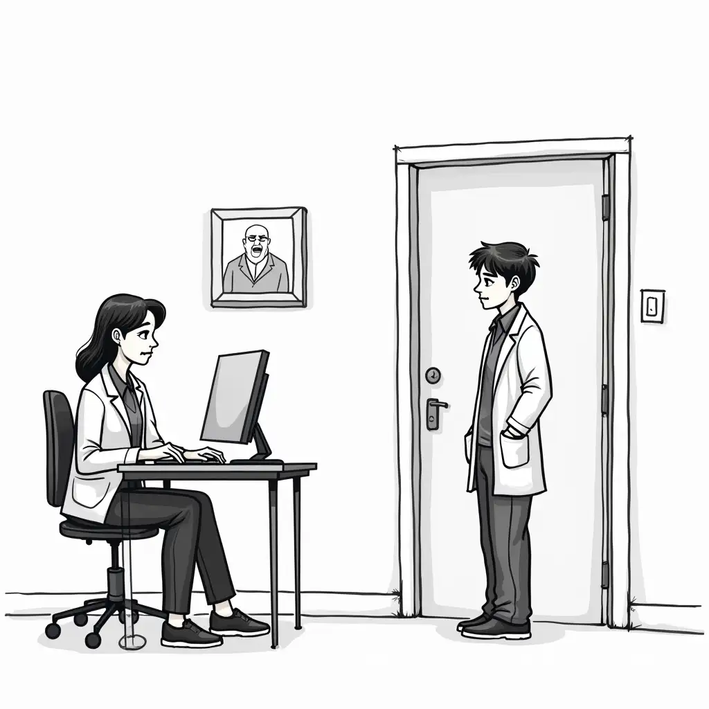 Doctor-in-Medical-Office-with-Angry-Patient-Entering