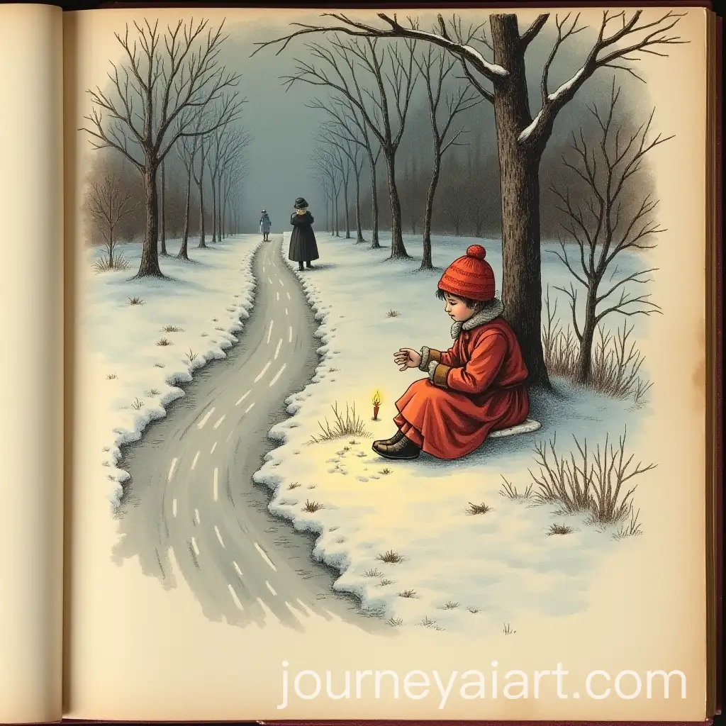Little-Girl-Struggling-to-Light-Matches-on-Cold-Winter-Night-in-Vintage-Sketch