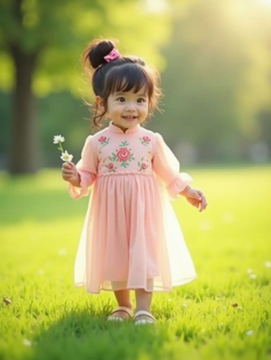 A cute little girl with big, expressive eyes, wearing a pastel pink traditional dress with floral embroidery, walking in a lush green park while holding a small flower. Her dark brown hair is tied up in a high ponytail with a pink bow, and she has a cheerful, innocent expression. Soft sunlight filters through the trees, creating a warm and dreamy atmosphere. The grass is vibrant, and the background is softly blurred to emphasize the adorable child.