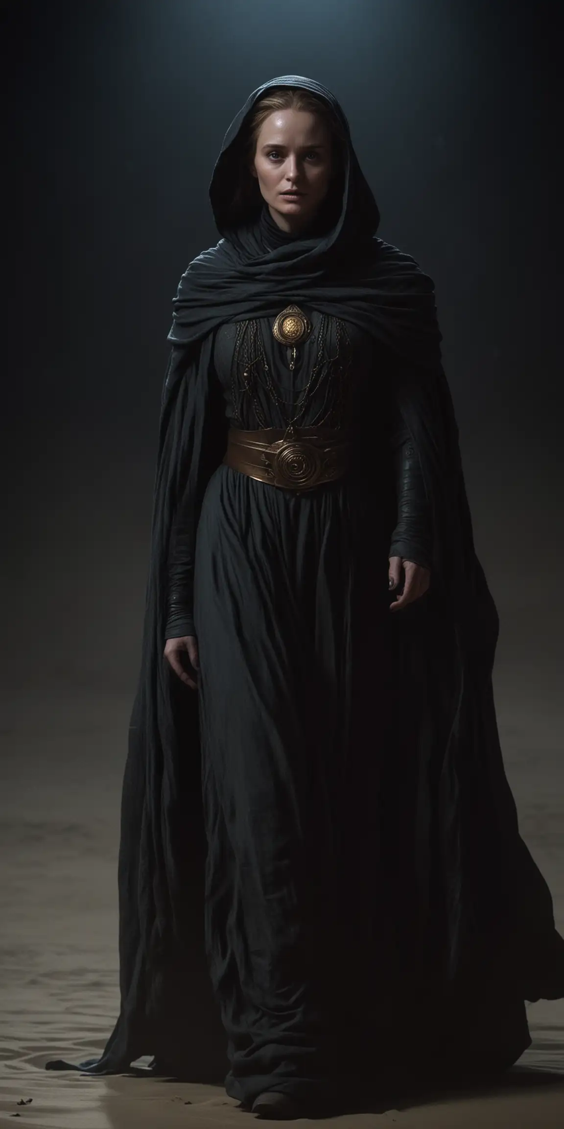 Fantasy Bene Gesserit Character in Cloak Turns in Darkness