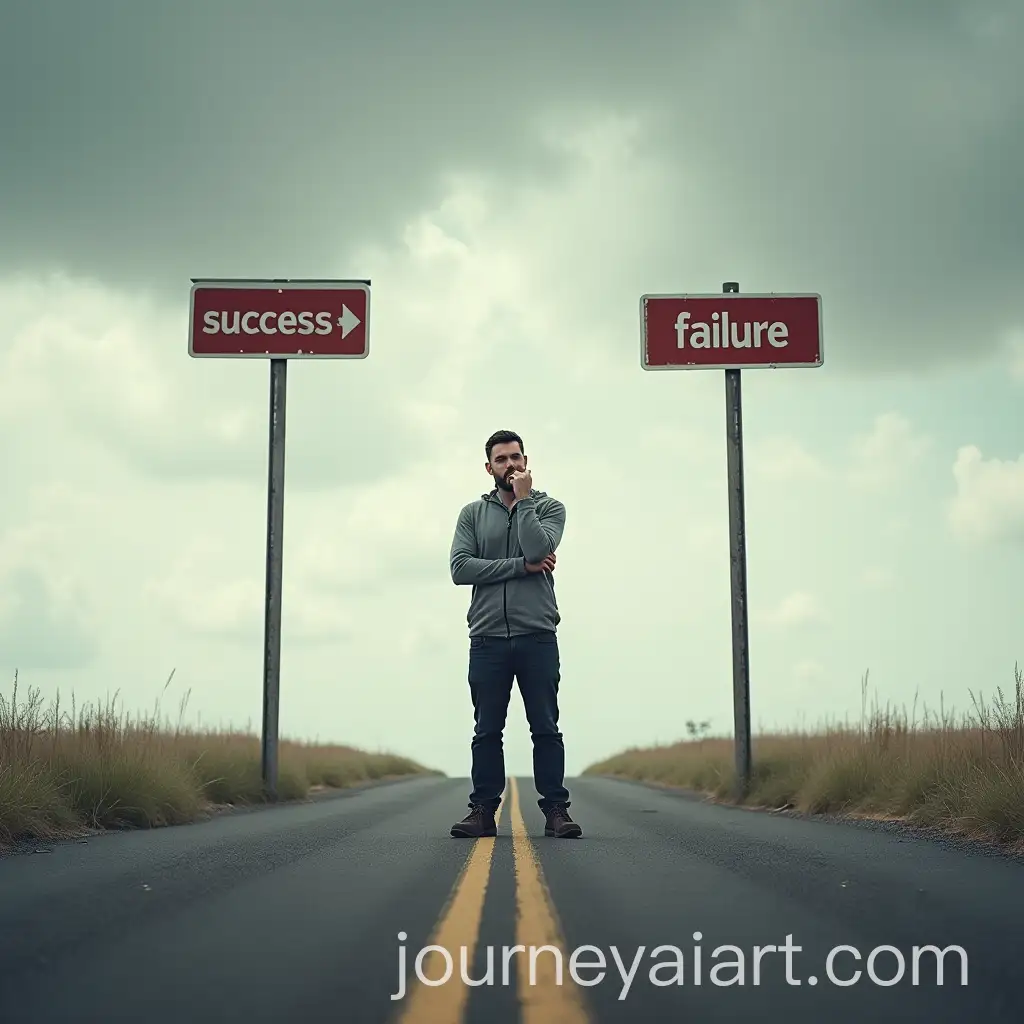 Man-Standing-at-Crossroads-Contemplating-Success-and-Failure-Choices