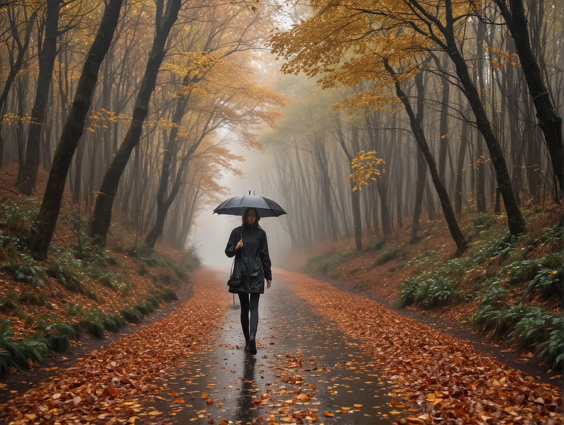 Woman-Walking-on-a-Rainy-Autumn-Path-in-the-Forest