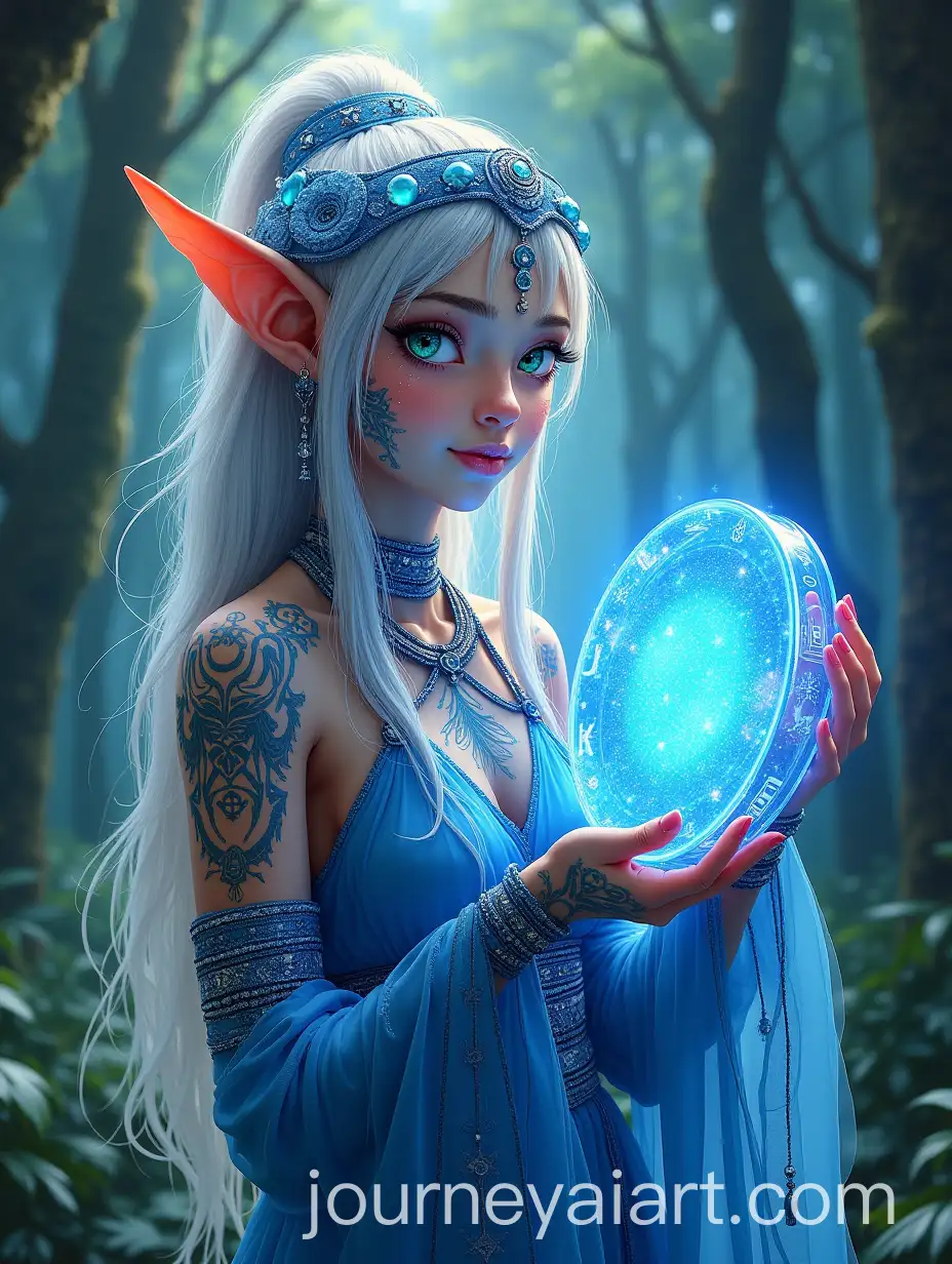 Elven-Shaman-in-Cyber-ForestAI-Art-Prompt-Expansion-Playing-Holographic-Tambourine-with-Glowing-Tattoos