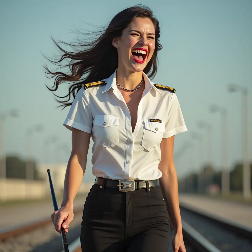 screaming pilot lady , in white unbuttoned airport security shirt, laughing with her mouth open, red lipstick accentuating her smile,belt on waist, jewerly, white skin, HD, holds long riding crop, photo-realism, walking on rails