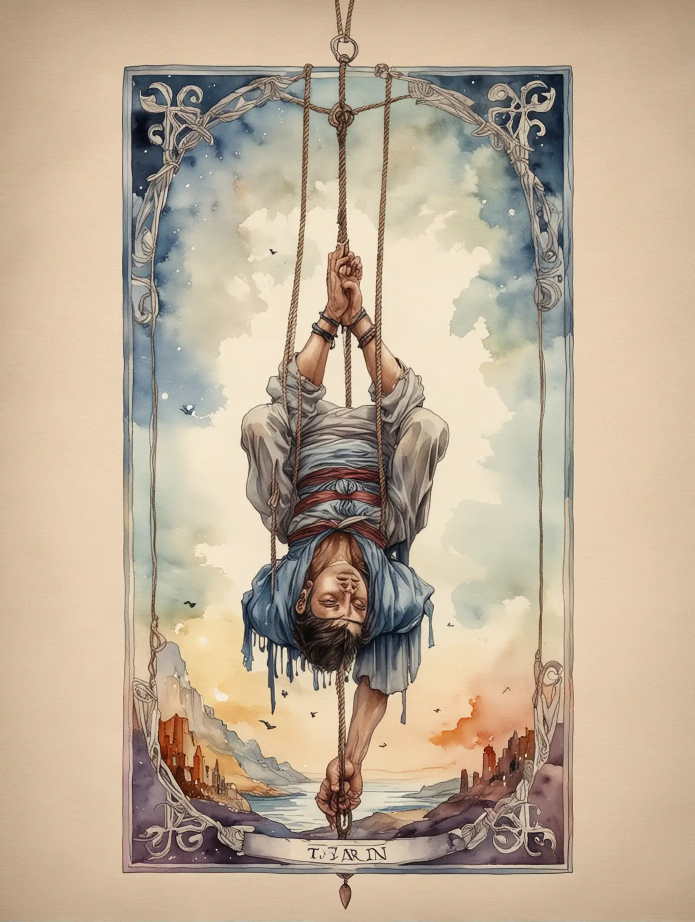 Futuristic-Tarot-Card-Depiction-of-The-Hanged-Man-in-Watercolor