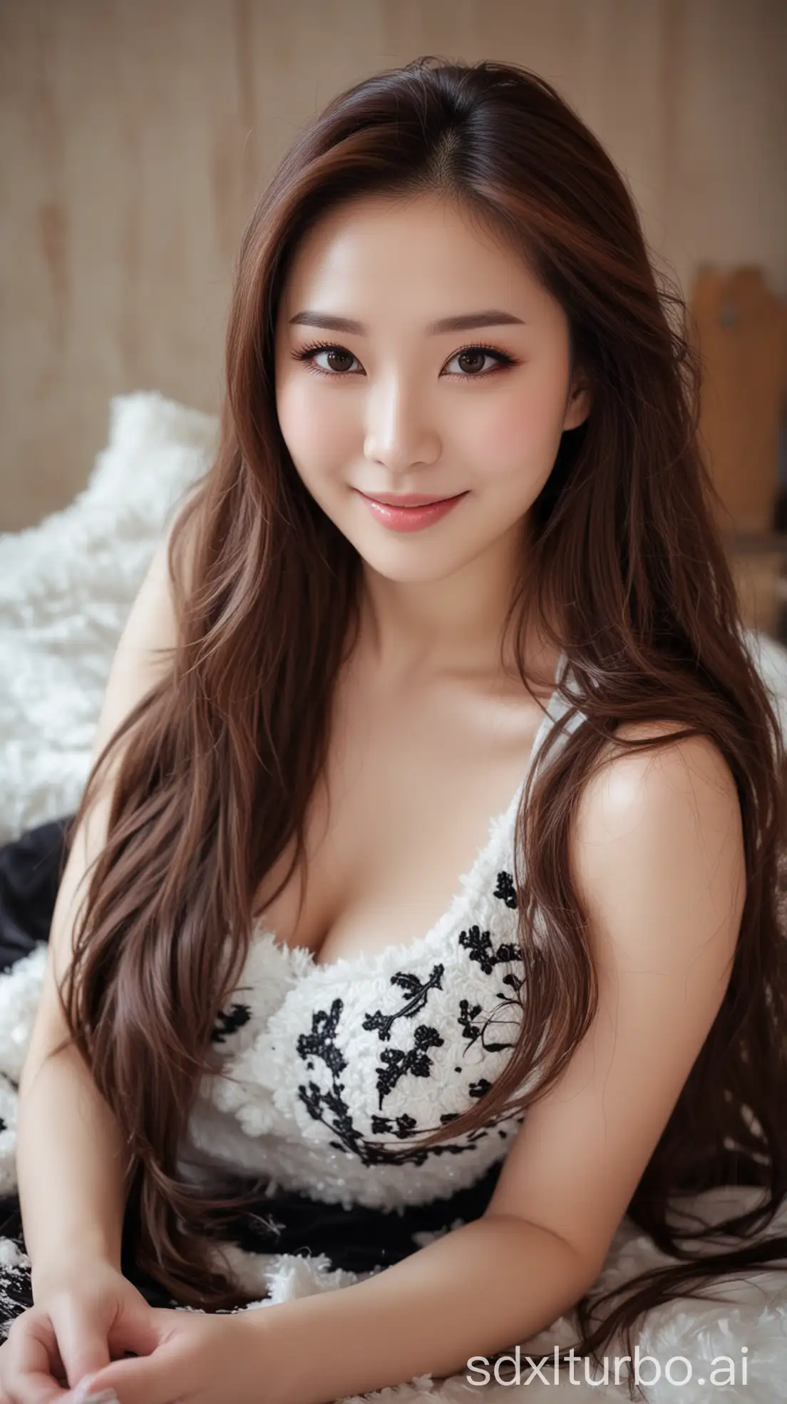 Chinese-Beauty-in-Winter-Tight-Dress-with-Sweet-Smile-Lying-in-a-Room