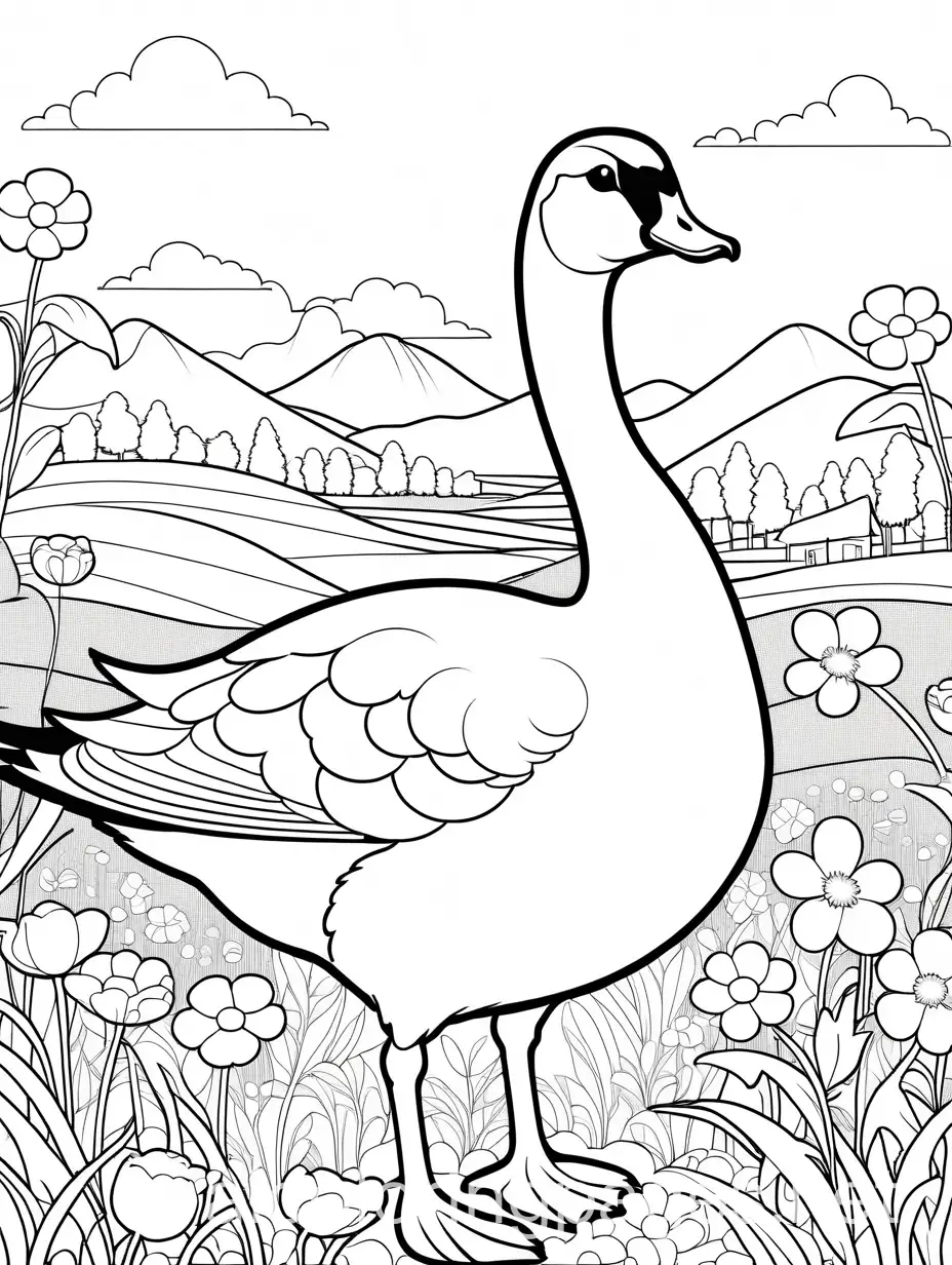 goose in a flower field, Coloring Page, black and white, line art, white background, Simplicity, Ample White Space. The background of the coloring page is plain white to make it easy for young children to color within the lines. The outlines of all the subjects are easy to distinguish, making it simple for kids to color without too much difficulty