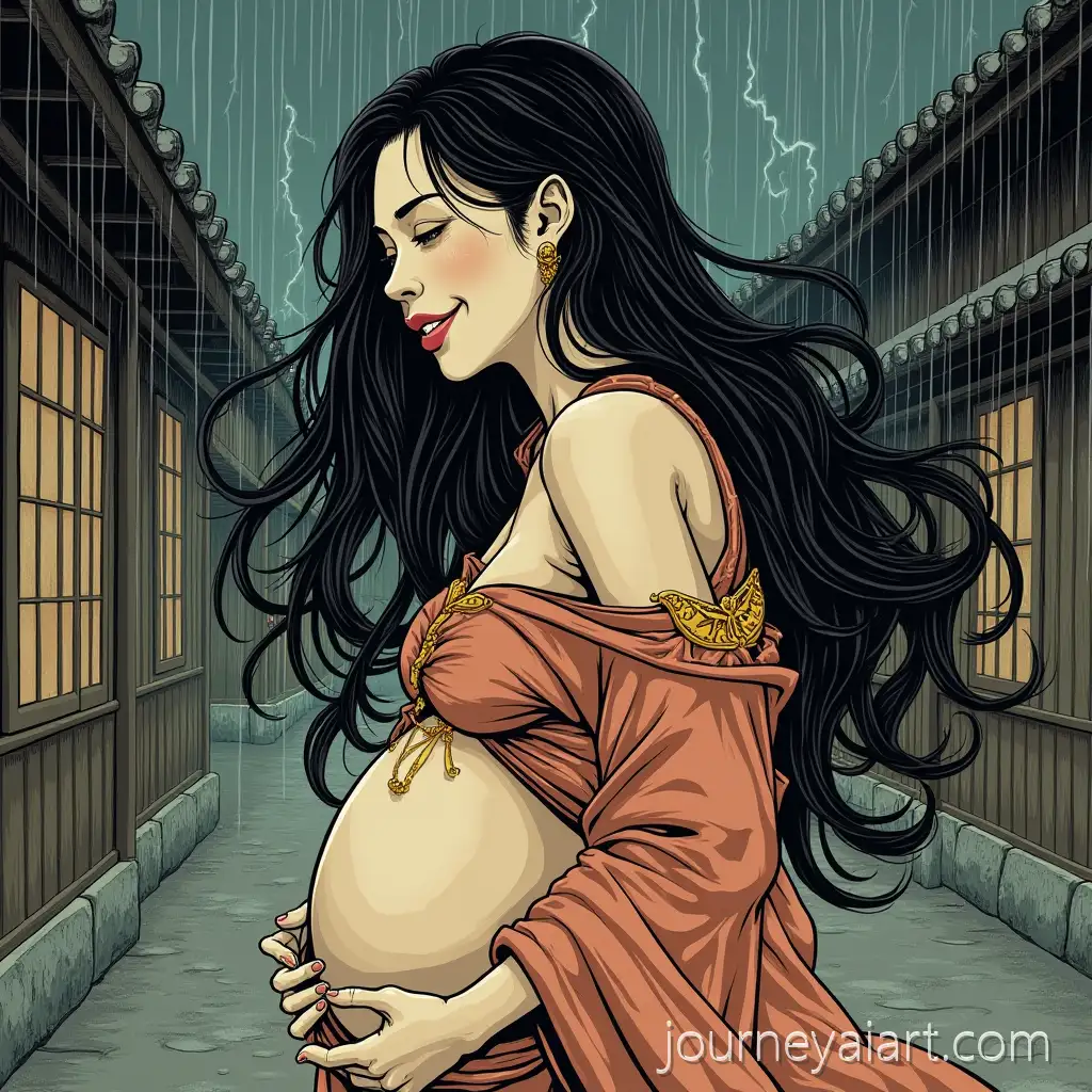 Pregnant-Woman-Smiling-in-a-Thunderstorm-withAI-Image-Expansion-a-Mystical-Folklore-Vibe