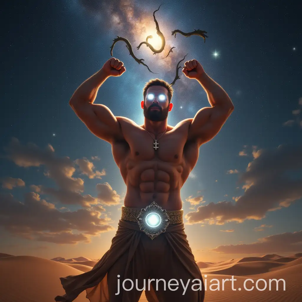 Muscular-Man-with-Glowing-Eyes-and-Radiating-Belt-in-a-Cosmic-Steppe-Landscape