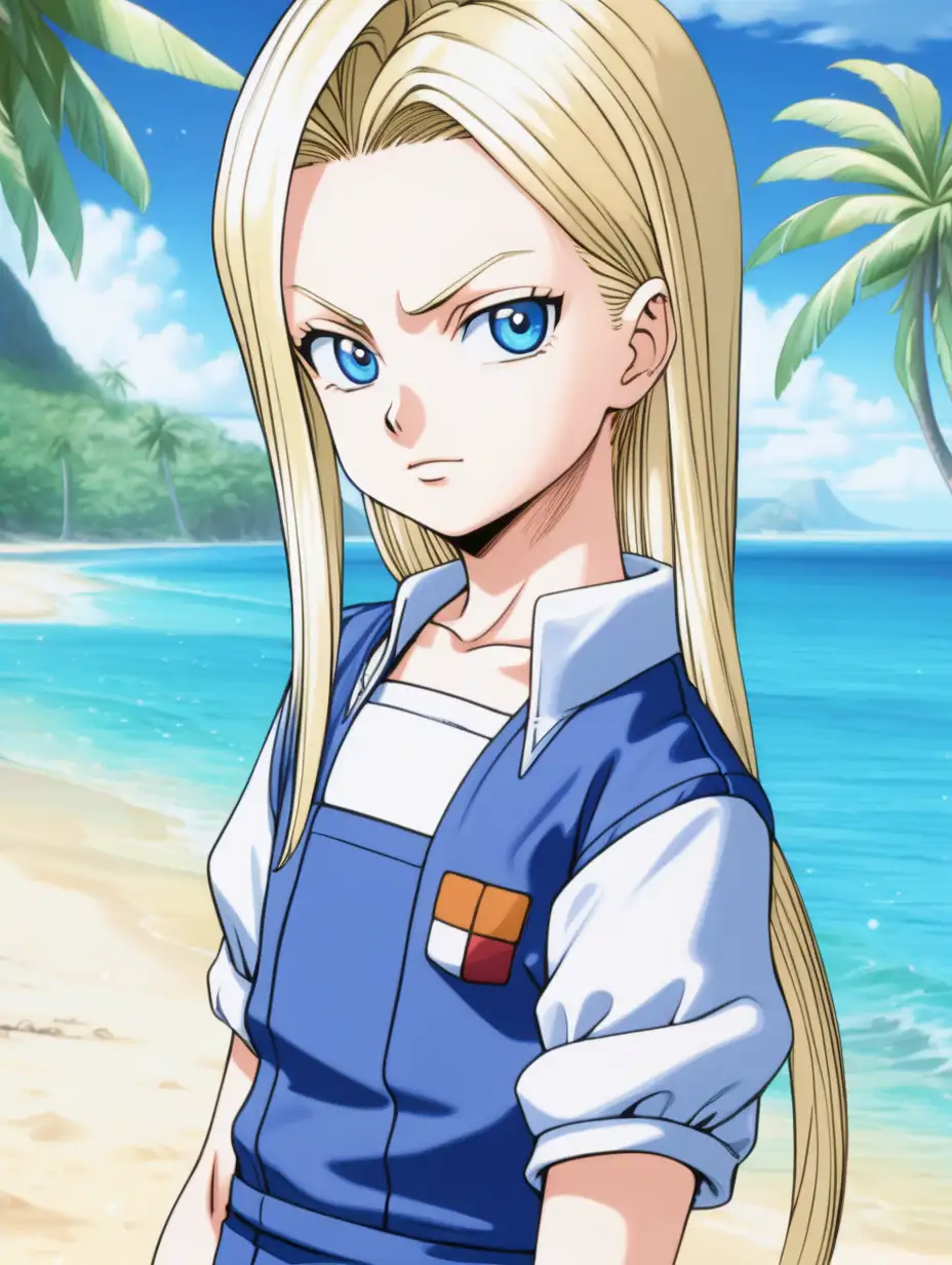 Android 18, young, petite, silky straight blonde hair, stunning pale blue eyes, Kame House, tiny tropical island