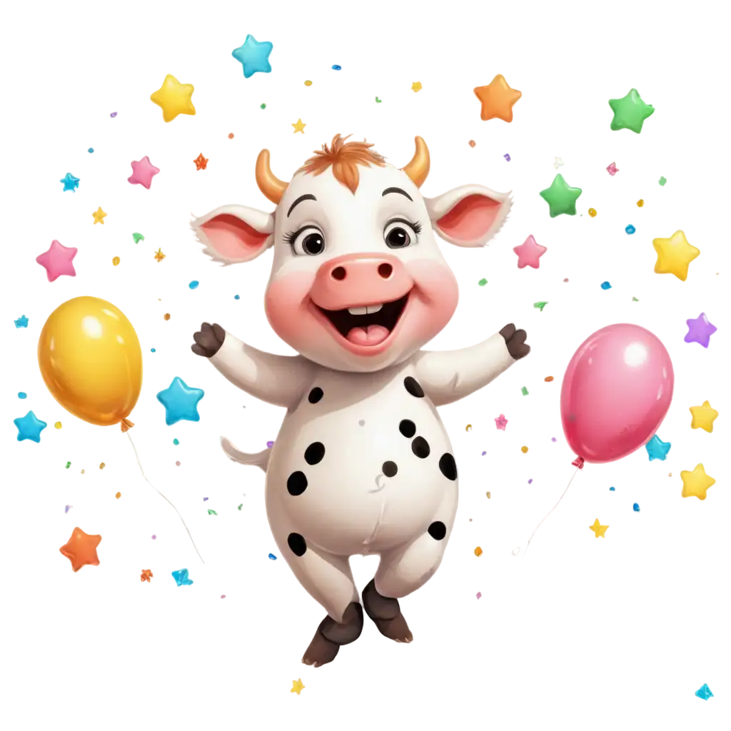 happy cow jumping around with little flags in her hands and balloons in a sea of confetti