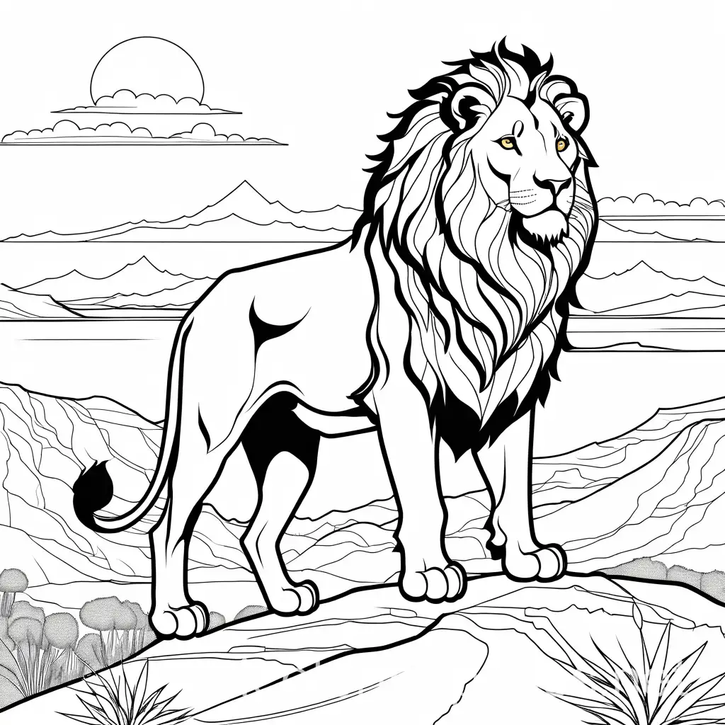 A majestic lion standing proudly on a rocky outcrop in the African savannah, with the golden sun setting behind it., Coloring Page, black and white, line art, white background, Simplicity, Ample White Space. The background of the coloring page is plain white to make it easy for young children to color within the lines. The outlines of all the subjects are easy to distinguish, making it simple for kids to color without too much difficulty