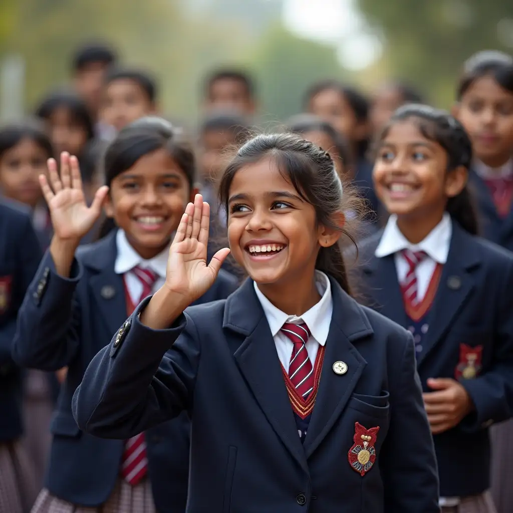 Indian school students in uniform laughing and giving hi-fi