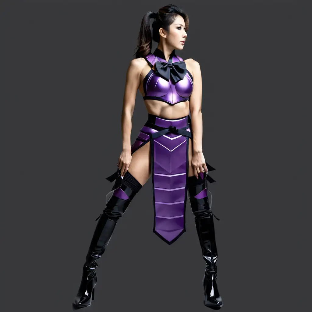 Japanese Woman Bodybuilder in Purple Samurai Armor with Giant Bowtie