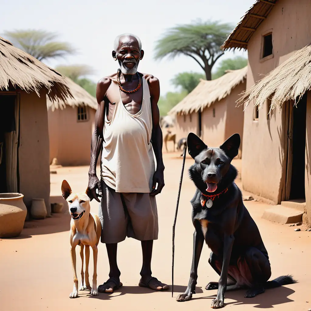 An old black man in his African village. He is with a humanoid dog