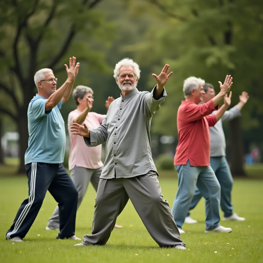 a group of happy seniors doing tai chi exercise in a park