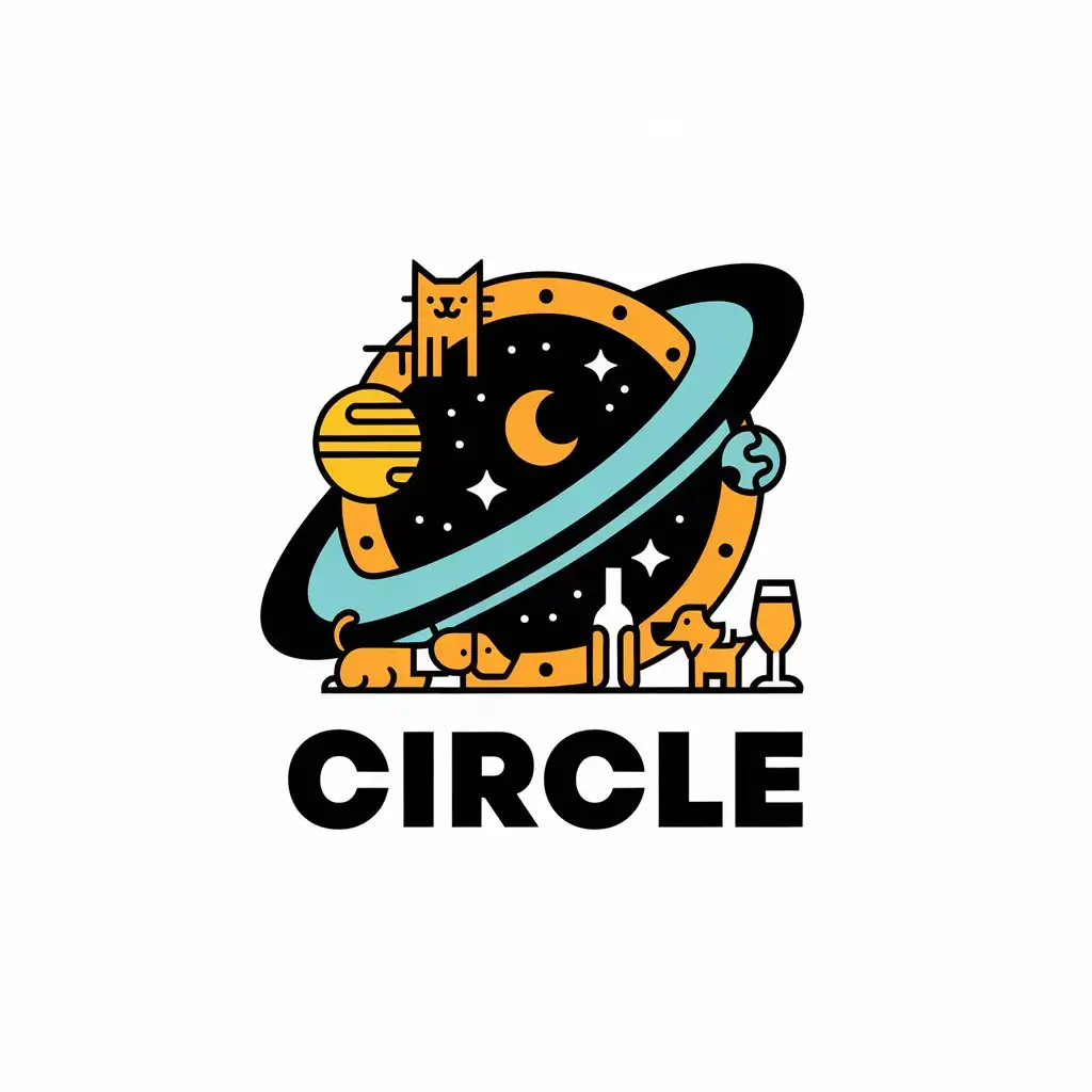 a vector logo design,with the text "circle", main symbol:user_prompt: outer space, circle-shaped, ring of stars, cat, dog, alcohol, drinking glass, stars, moon, planet,Moderate,be used in bars industry,clear background