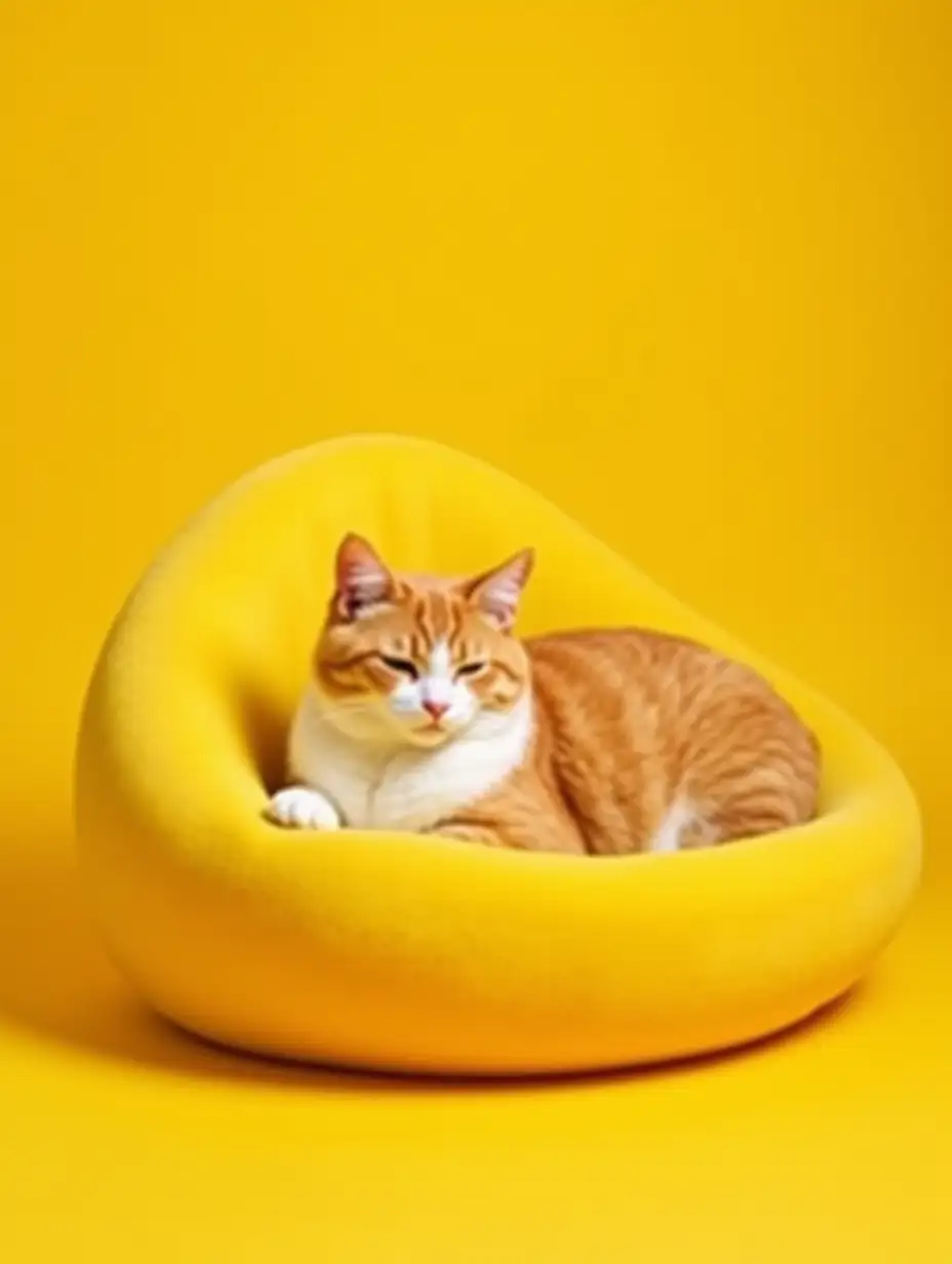 a yellow cat with a white breast sleeps in a yellow soft oval smooth futuristic couch on a yellow floor on a bright clean yellow background, close-up, professional photography, studio lighting